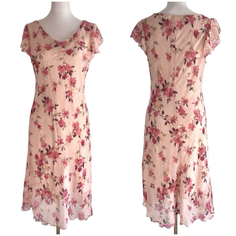 Vintage DBY Y2K Pink Floral Crinkled Ruffle Hem A-Line Midi Dress Womens sz 10